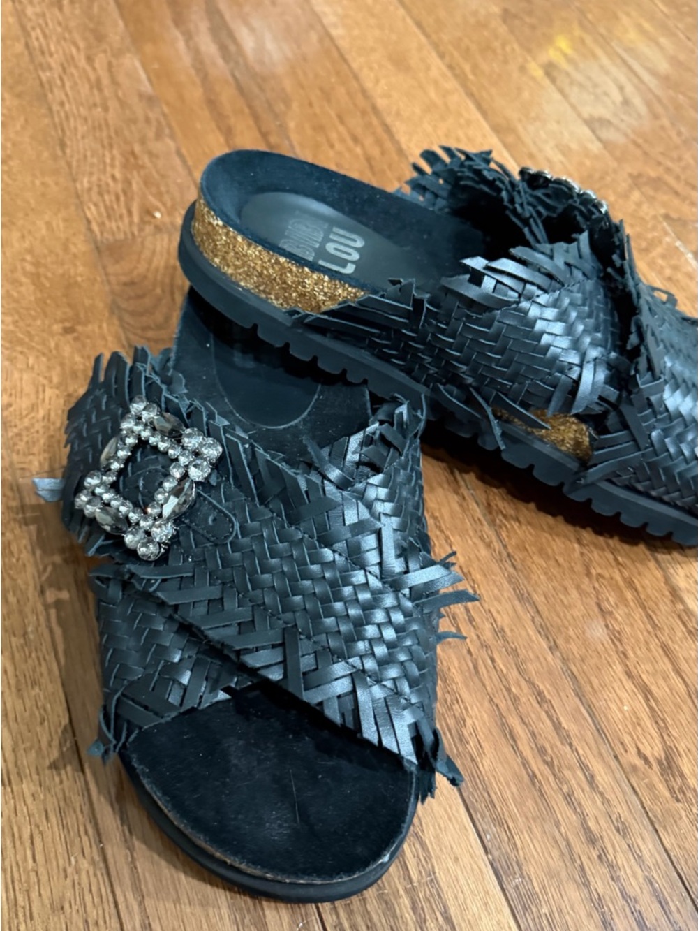 Black Woven Slide Sandals with Rhinestone Buckle
